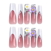 VIBEFICANT Glaze Glamour Blossom: 3D Floral Glitter French Tip Long Square Press-On Nails